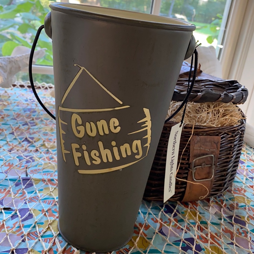 Metal tall bucket candle. “Gone Fishing”